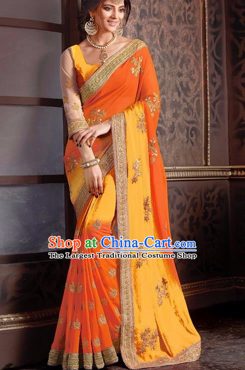 Indian Traditional Orange Sari Dress Asian India Court Princess Bollywood Embroidered Costume for Women