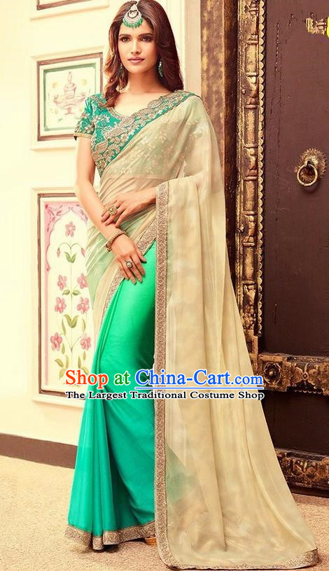 Indian Traditional Green Sari Dress Asian India Court Princess Bollywood Embroidered Costume for Women