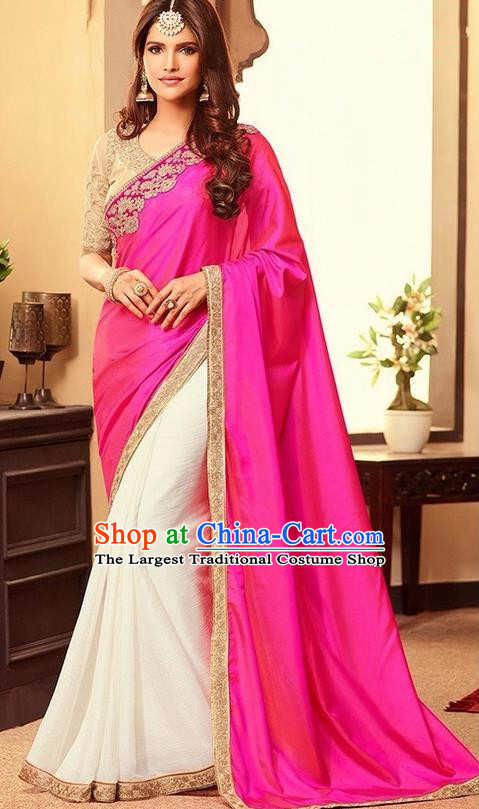 Indian Traditional Court Rosy Sari Dress Asian India Princess Bollywood Embroidered Costume for Women