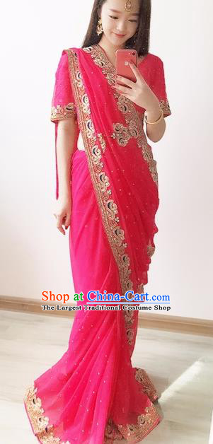 Indian Traditional Court Princess Rosy Sari Dress Asian India Bollywood Embroidered Costume for Women
