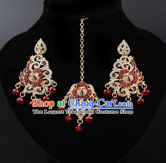 Asian India Traditional Wedding Jewelry Accessories Indian Bollywood Red Crystal Tassel Earrings and Eyebrows Pendant for Women