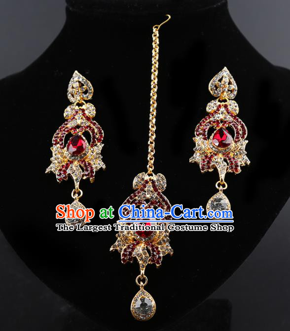Indian Traditional Wedding Red Crystal Earrings and Eyebrows Pendant India Bollywood Court Princess Jewelry Accessories for Women