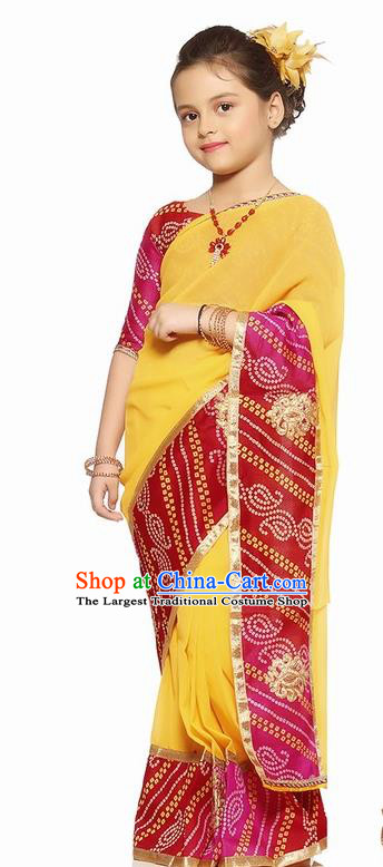 South Asian India Traditional Costume Asia Indian National Yellow Sari Dress for Kids