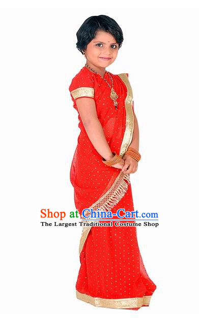 South Asian India Traditional Costume Asia Indian National Red Sari Dress for Kids