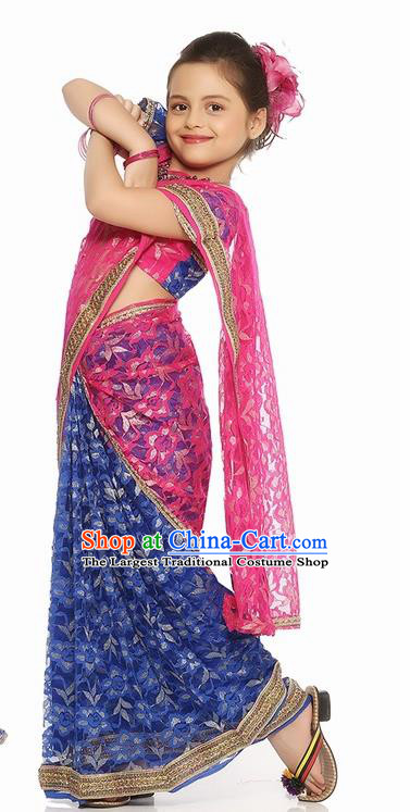 South Asian India Traditional Costume Asia Indian National Royalblue Sari Dress for Kids