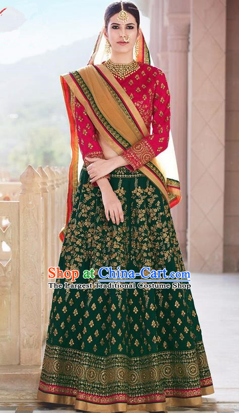 Asian India Traditional Bride Embroidered Deep Green Sari Dress Indian Bollywood Court Queen Costume for Women