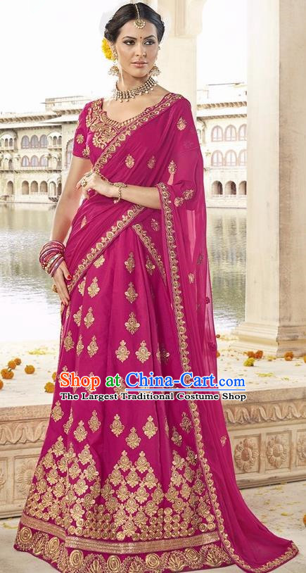 Asian India Traditional Bride Embroidered Rosy Sari Dress Indian Bollywood Court Queen Costume Complete Set for Women