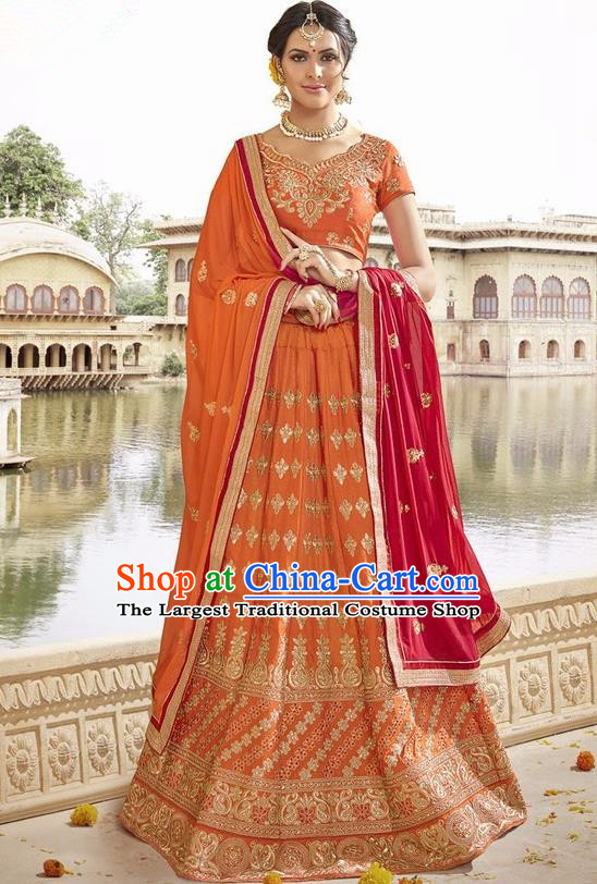 Asian India Traditional Bride Embroidered Orange Sari Dress Indian Bollywood Court Queen Costume Complete Set for Women