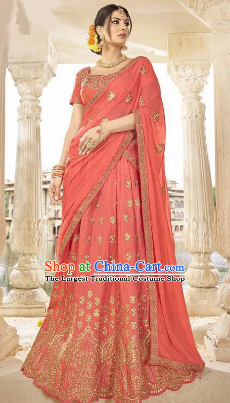 Asian India Traditional Bride Embroidered Watermelon Red Sari Dress Indian Bollywood Court Queen Costume Complete Set for Women