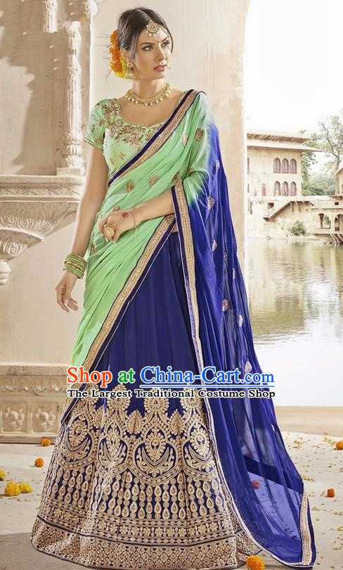Asian India Traditional Bride Embroidered Royalblue Sari Dress Indian Bollywood Court Queen Costume Complete Set for Women