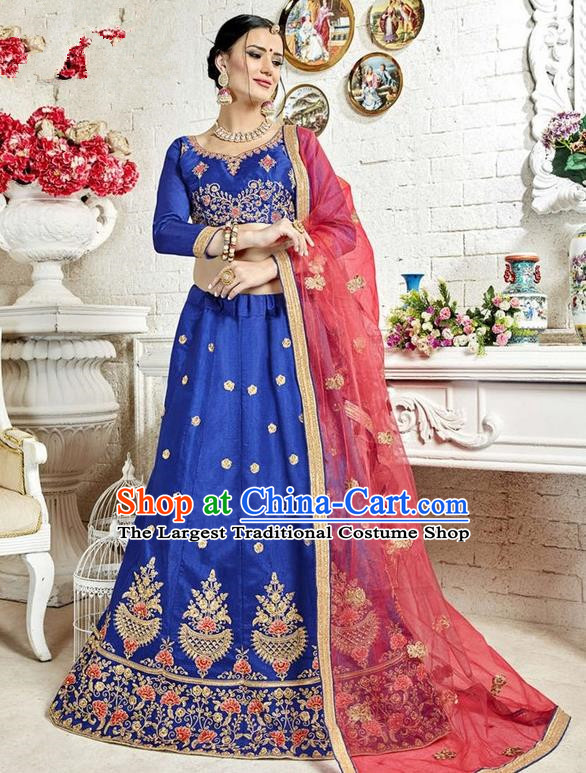 Asian India Traditional Wedding Bride Embroidered Royalblue Sari Dress Indian Bollywood Court Queen Costume Complete Set for Women