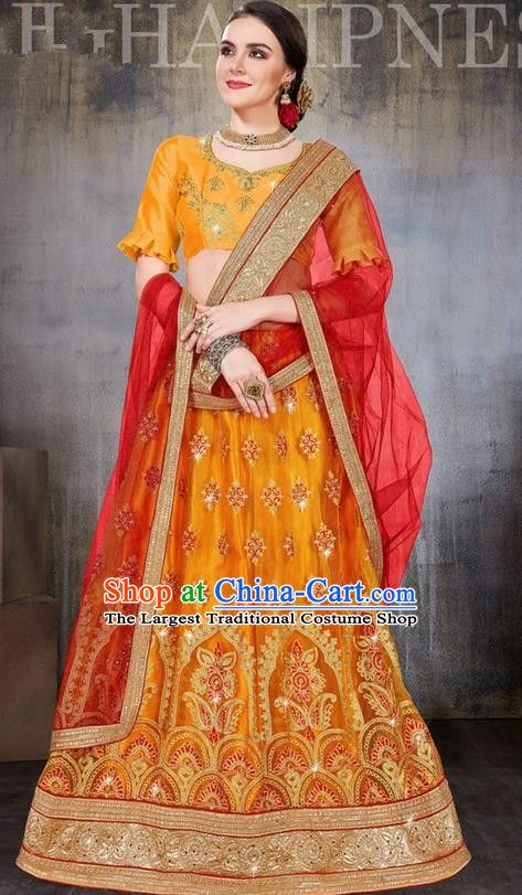 Asian India Traditional Wedding Bride Embroidered Orange Sari Dress Indian Bollywood Court Queen Costume Complete Set for Women