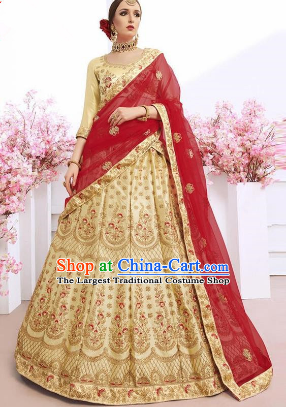 Asian India Traditional Wedding Bride Embroidered Golden Sari Dress Indian Bollywood Court Queen Costume Complete Set for Women