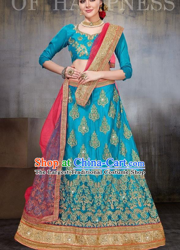 Asian India Traditional Wedding Embroidered Blue Sari Dress Indian Bollywood Court Bride Costume Complete Set for Women