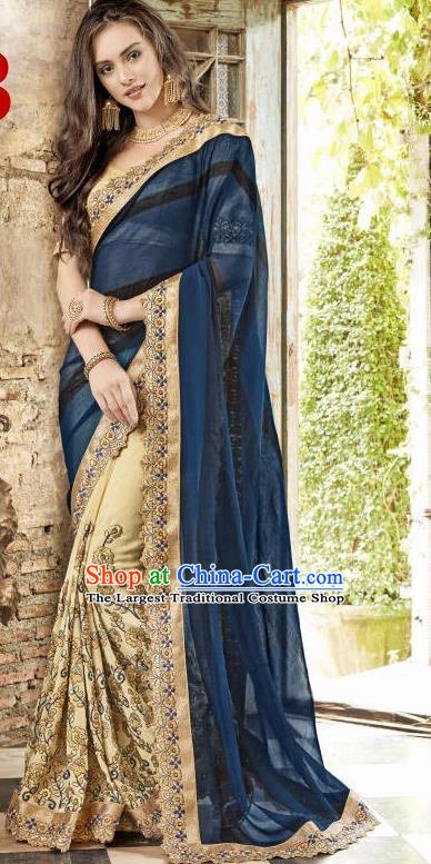 Asian India Traditional Navy Sari Dress Indian Bollywood Court Bride Costume Complete Set for Women