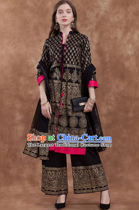 South Asian India Traditional Black Costume Asia Indian National Punjabi Suit for Women