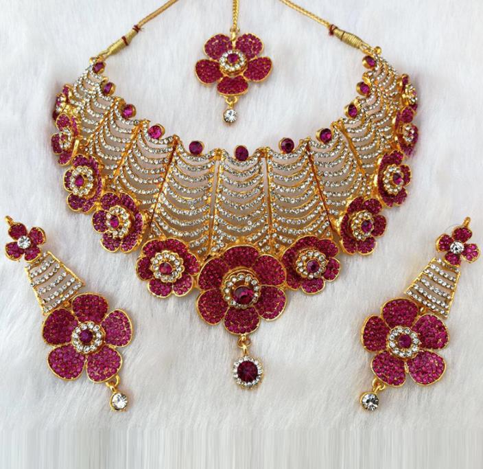South Asian India Traditional Jewelry Accessories Indian Bollywood Rosy Crystal Necklace Earrings Hair Clasp for Women