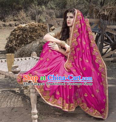 Asian India Traditional Rosy Sari Dress Indian Court Princess Bollywood Embroidered Costume for Women