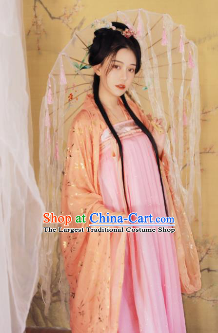 Ancient Chinese Tang Dynasty Peri Princess Historical Costume Traditional Court Pink Hanfu Dress for Women