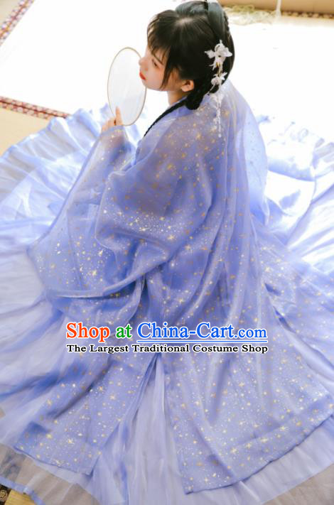 Ancient Chinese Tang Dynasty Court Lady Historical Costume Traditional Blue Hanfu Dress for Women