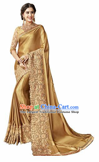 Indian Traditional Bronze Sari Dress Asian India Bollywood Royal Princess Embroidered Costume for Women