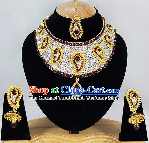 Indian Traditional Bollywood Court Red Crystal Necklace Earrings and Eyebrows Pendant India Princess Jewelry Accessories for Women