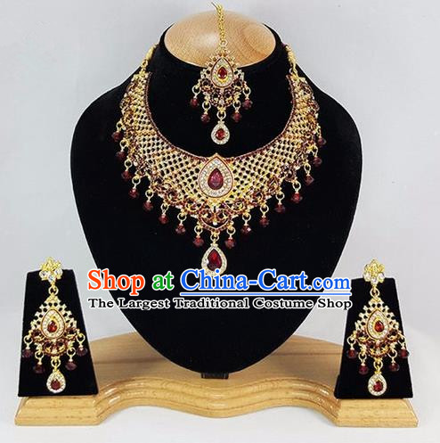 Indian Traditional Bollywood Purple Crystal Tassel Necklace Earrings and Eyebrows Pendant India Princess Jewelry Accessories for Women