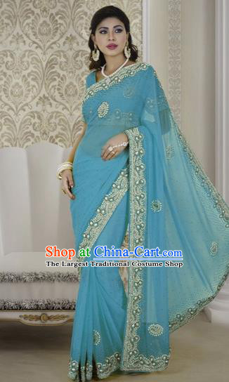 Indian Traditional Bollywood Court Light Blue Sari Dress Asian India Royal Princess Costume for Women