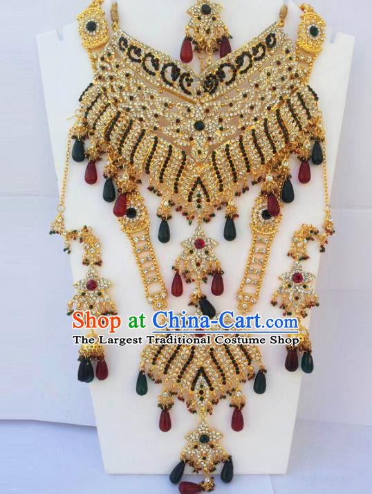 Traditional Indian Wedding Jewelry Accessories Bollywood Court Princess Colorful Beads Necklace Earrings and Hair Clasp for Women