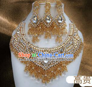 Traditional Indian Wedding Accessories Bollywood Crystal Golden Necklace Earrings and Hair Clasp for Women