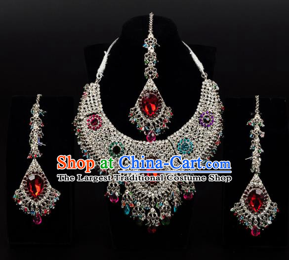 Traditional Indian Wedding Accessories Bollywood Princess Colorful Crystal Golden Necklace Earrings and Hair Clasp for Women