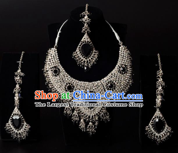 Traditional Indian Wedding Accessories Bollywood Princess Black Crystal Golden Necklace Earrings and Hair Clasp for Women