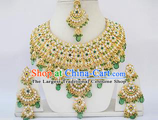 Traditional Indian Wedding Accessories Bollywood Princess Green Beads Necklace Earrings and Hair Clasp for Women