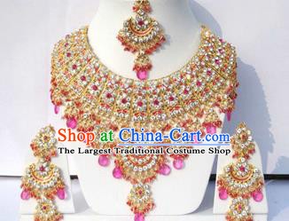 Traditional Indian Wedding Accessories Bollywood Princess Pink Beads Necklace Earrings and Hair Clasp for Women