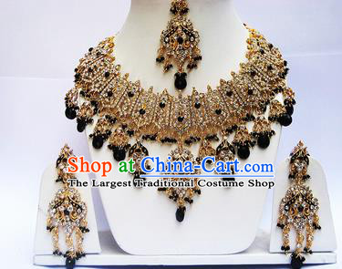 Traditional Indian Wedding Black Beads Accessories Bollywood Princess Necklace Earrings and Hair Clasp for Women