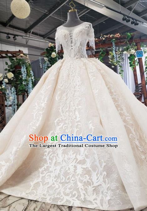 Top Grade Customize Bride Embroidered Champagne Trailing Full Dress Court Princess Wedding Costume for Women