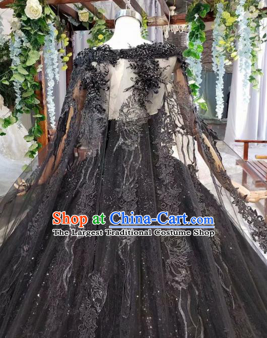 Top Grade Customize Embroidered Black Lace Full Dress Court Princess Waltz Dance Costume for Women
