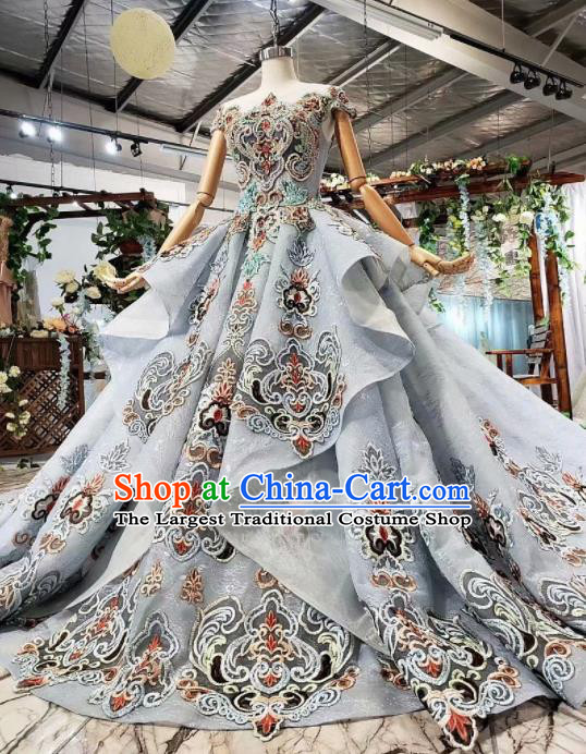 Top Grade Customize Embroidered Blue Trailing Full Dress Court Princess Waltz Dance Costume for Women