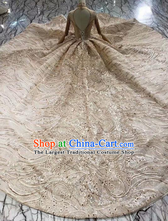 Top Grade Customize Bride Embroidered Champagne Veil Trailing Full Dress Court Princess Wedding Costume for Women