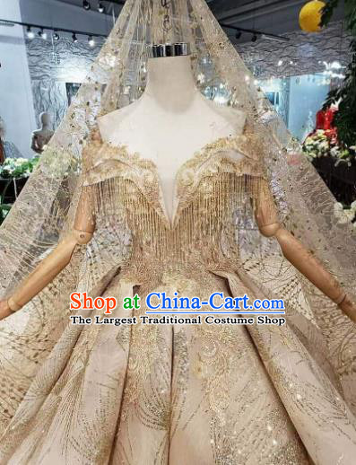Handmade Customize Golden Tassel Embroidered Trailing Wedding Dress Court Princess Bride Costume for Women
