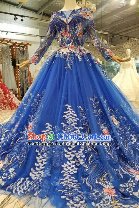 Top Grade Customize Catwalks Embroidered Royalblue Full Dress Court Princess Waltz Dance Costume for Women