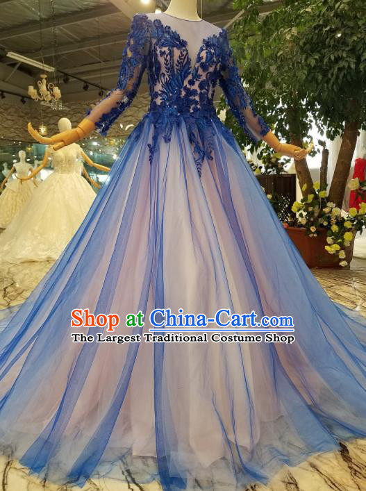 Top Grade Customize Catwalks Royalblue Veil Full Dress Court Princess Waltz Dance Costume for Women