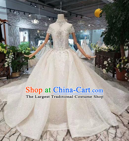 Handmade Customize Embroidered Paillette Court Trailing Wedding Dress Princess Bride Costume for Women