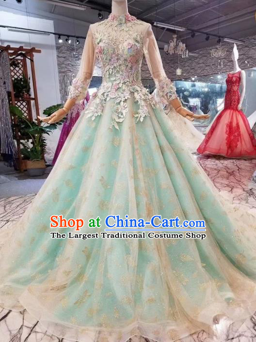 Top Grade Customize Modern Fancywork Light Green Veil Full Dress Court Princess Waltz Dance Costume for Women