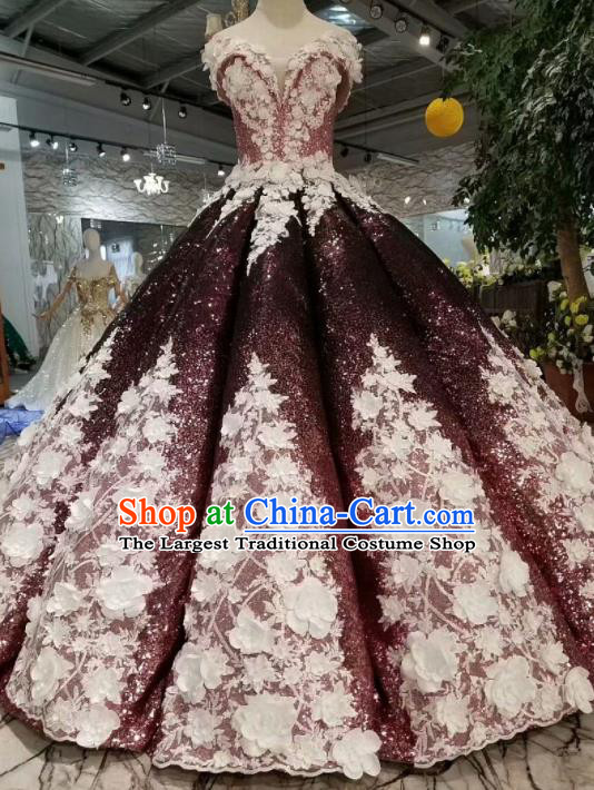 Customize Embroidered Wine Red Trailing Full Dress Top Grade Court Princess Waltz Dance Costume for Women