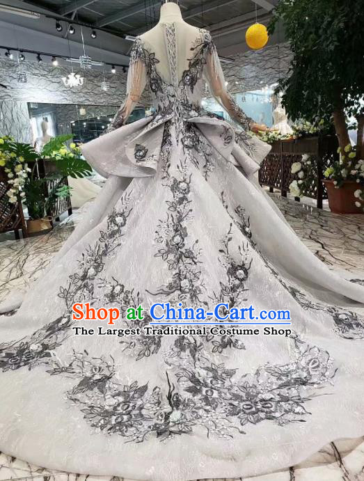 Customize Embroidered Grey Veil Trailing Full Dress Top Grade Court Princess Waltz Dance Costume for Women
