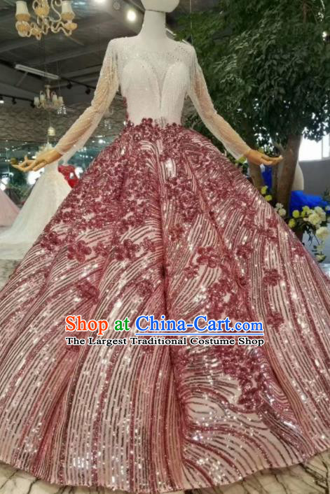 Customize Embroidered Red Sequins Full Dress Top Grade Court Princess Waltz Dance Costume for Women