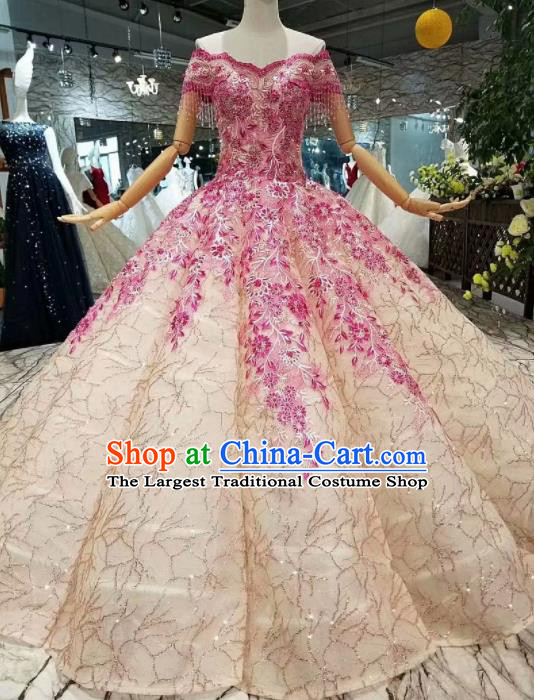 Customize Modern Fancywork Court Embroidered Rosy Full Dress Top Grade Waltz Dance Costume for Women