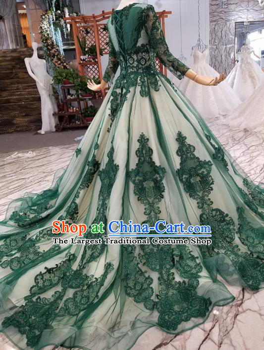 Top Grade Customize Modern Fancywork Green Lace Full Dress Court Princess Waltz Dance Costume for Women