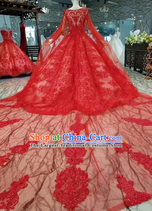 Top Grade Modern Fancywork Red Lace Full Dress Customize Waltz Dance Costume for Women